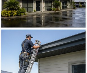 Technician on a ladder repairing a leaf guard along a Hamilton gutter